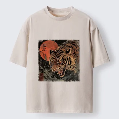 Tokyo-Tiger Fierce Tiger Red Moon Art Washed T-Shirt