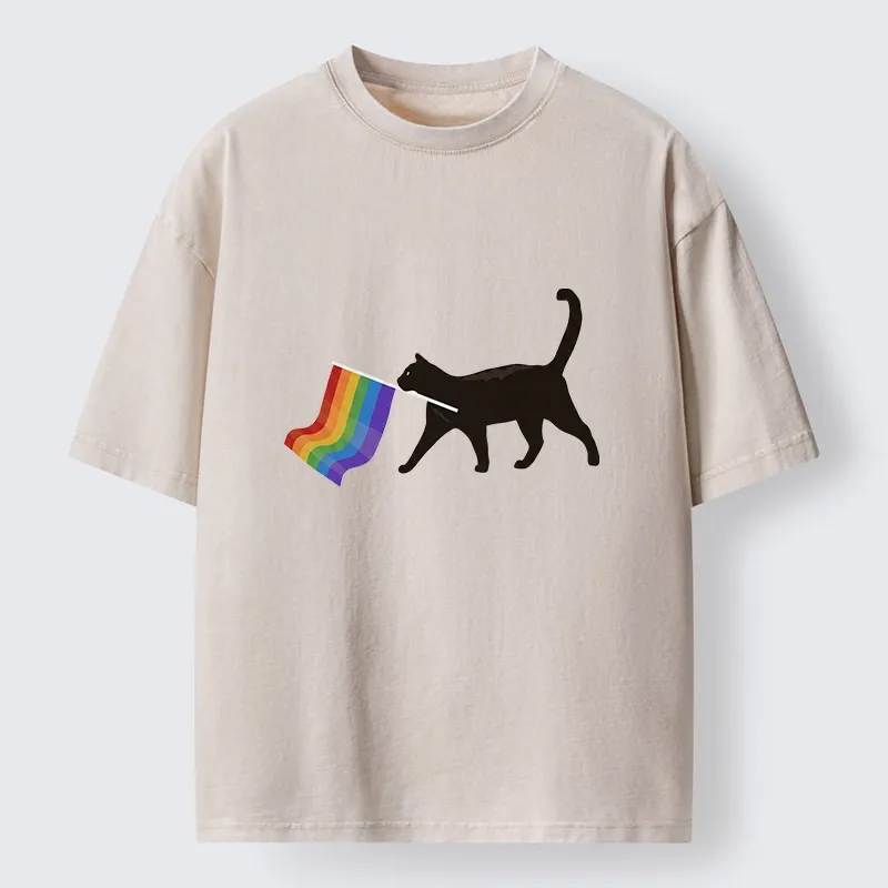 Tokyo-Tiger Black Cat With Pride Flag Washed T-Shirt Sale