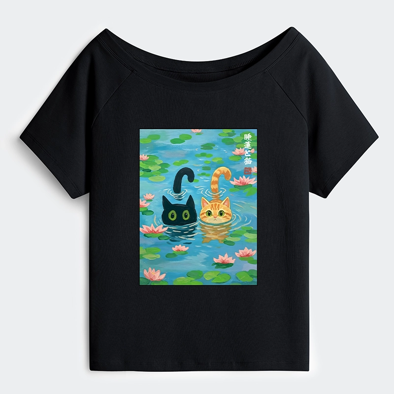 Tokyo-Tiger Cats In The Lotus Pond Off Shoulder T-Shirt