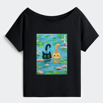 Tokyo-Tiger Cats In The Lotus Pond Off Shoulder T-Shirt
