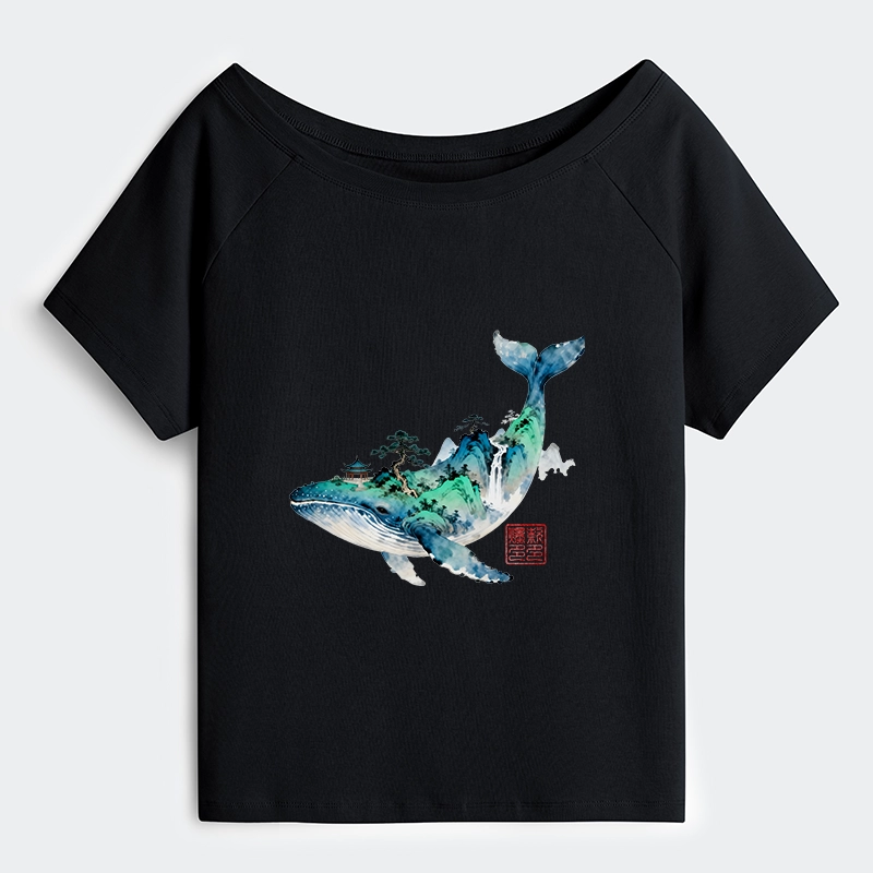 Tokyo-Tiger Whale Ink Painting Landscape Off Shoulder T-Shirt