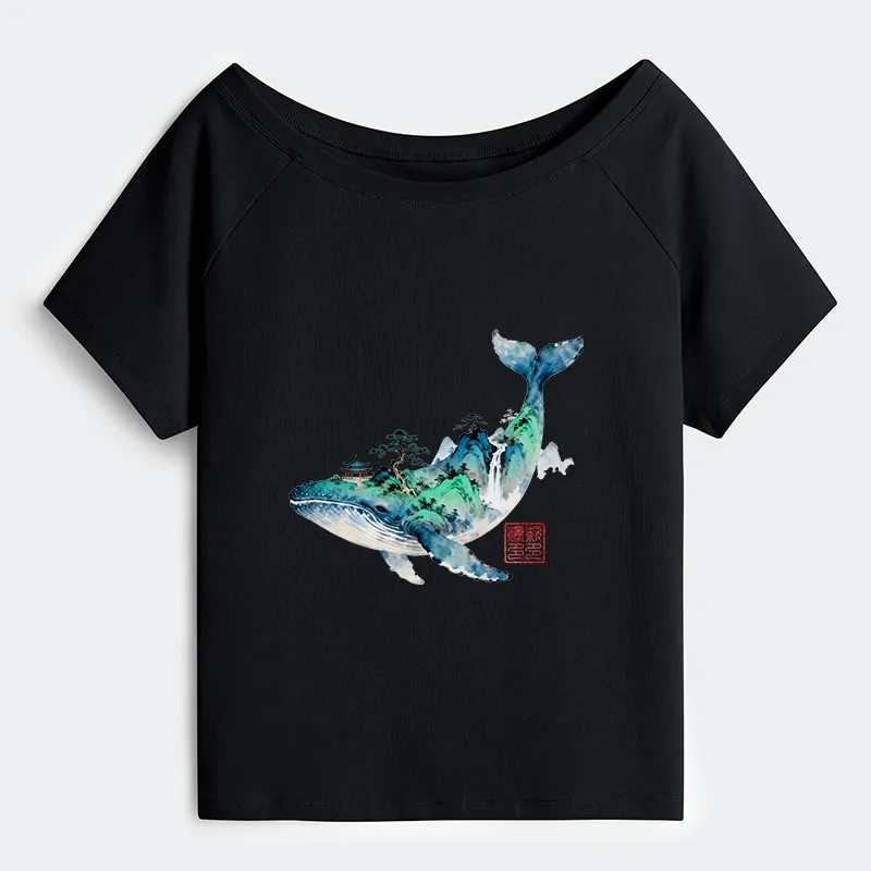 Tokyo-Tiger Whale Ink Painting Landscape Off Shoulder T-Shirt Sale