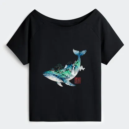 Tokyo-Tiger Whale Ink Painting Landscape Off Shoulder T-Shirt