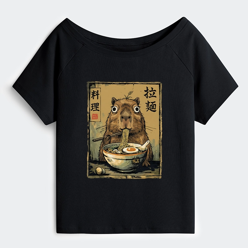 Tokyo-Tiger Cute Capybara Eating Ramen Off Shoulder T-Shirt