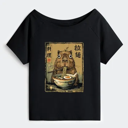 Tokyo-Tiger Cute Capybara Eating Ramen Off Shoulder T-Shirt