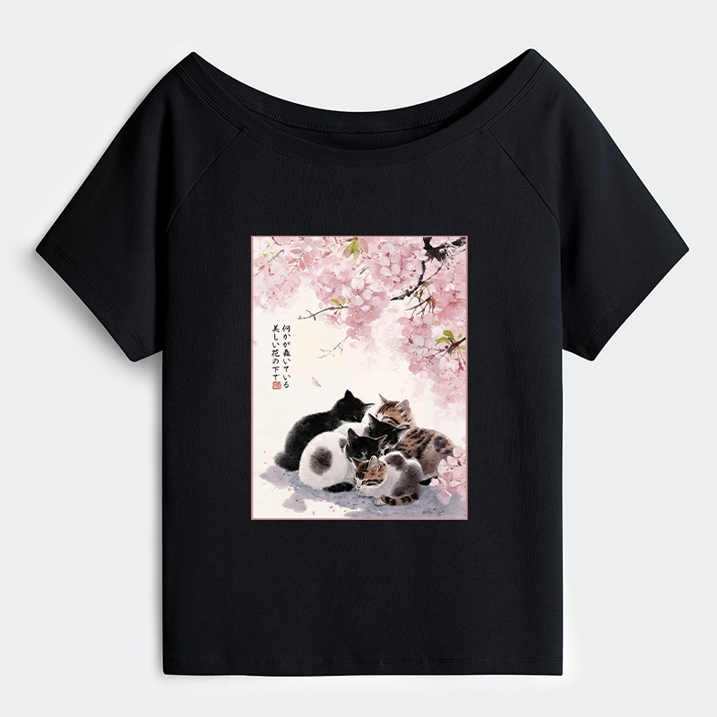 Tokyo-Tiger Cute Cats Sakura Garden Off Shoulder T-Shirt