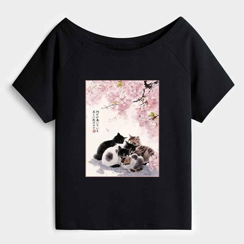 Tokyo-Tiger Cute Cats Sakura Garden Off Shoulder T-Shirt