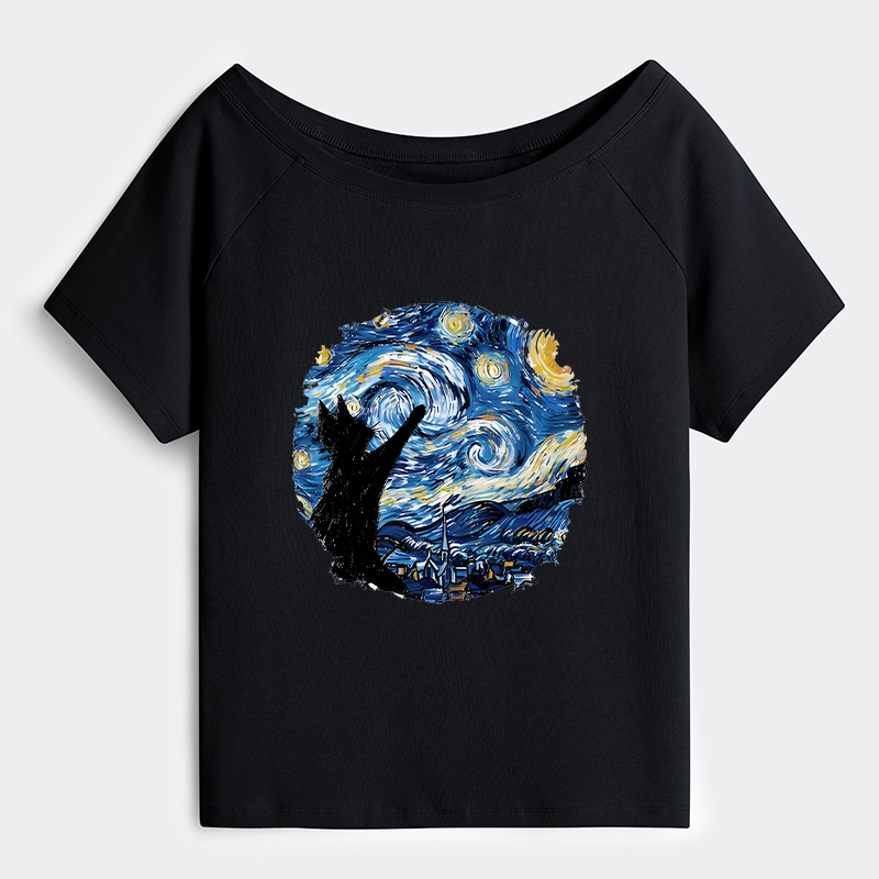 Tokyo-Tiger Starry Night Black Cat Off Shoulder T-Shirt