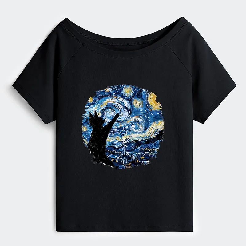 Tokyo-Tiger Starry Night Black Cat Off Shoulder T-Shirt Sale