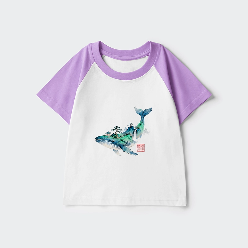 Tokyo-Tiger Whale Ink Painting Landscape Kids Raglan T-shirt