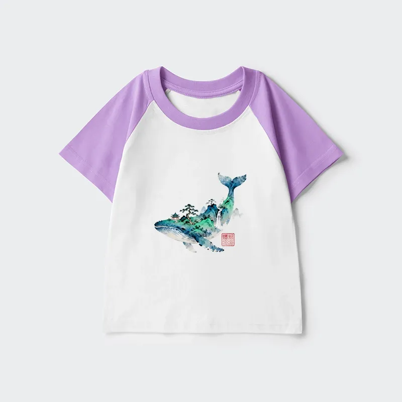 Tokyo-Tiger Whale Ink Painting Landscape Kids Raglan T-shirt