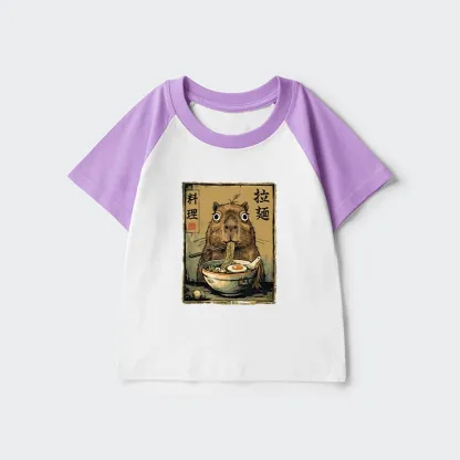 Tokyo-Tiger Cute Capybara Eating Ramen Kids Raglan T-shirt