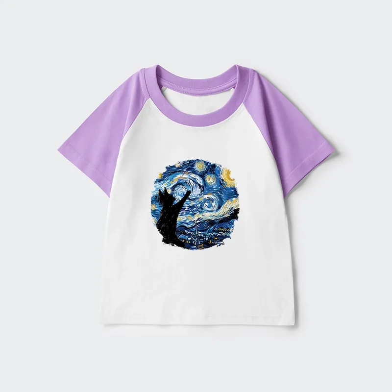 Tokyo-Tiger Starry Night Black Cat Kids Raglan T-shirt