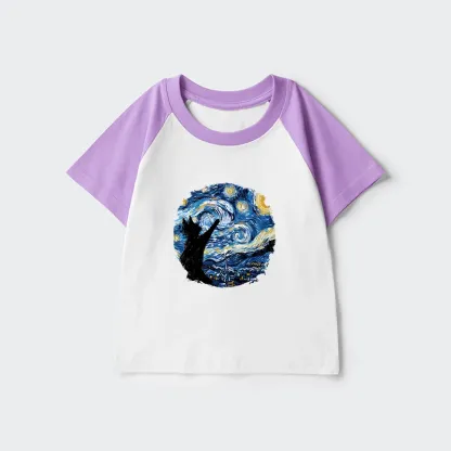 Tokyo-Tiger Starry Night Black Cat Kids Raglan T-shirt