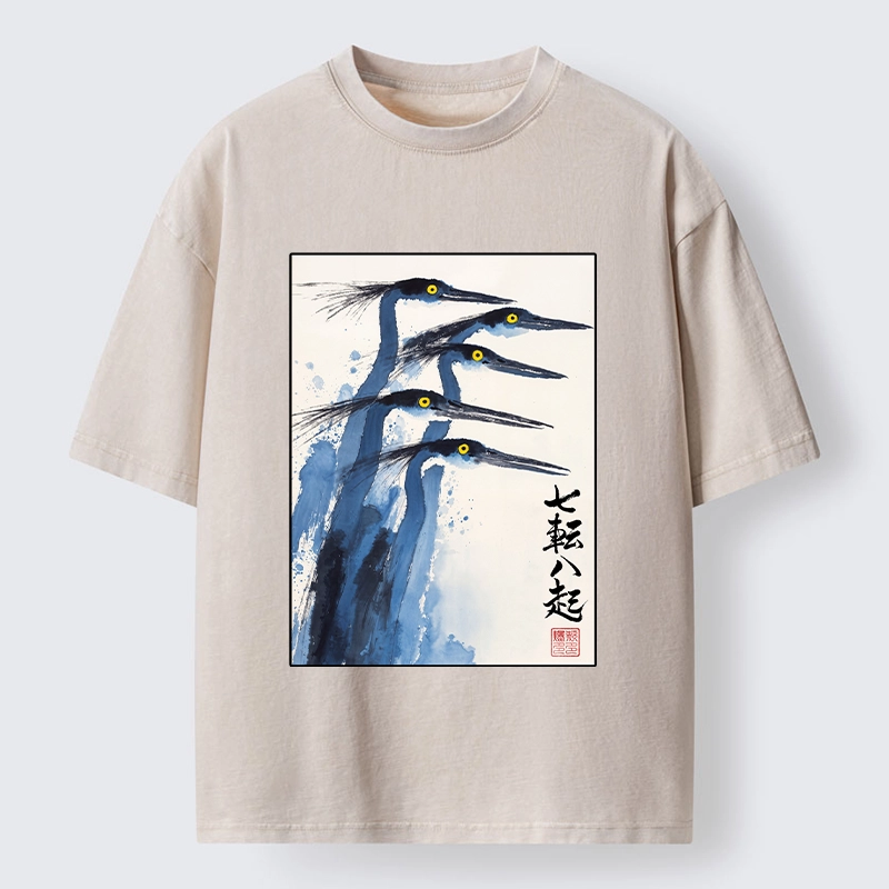 Tokyo-Tiger Blue Herons Japanese Ink Art Washed T-Shirt