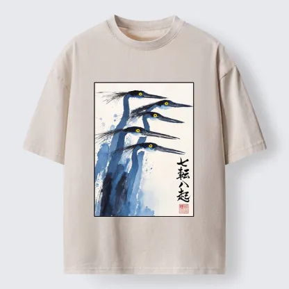 Tokyo-Tiger Blue Herons Japanese Ink Art Washed T-Shirt