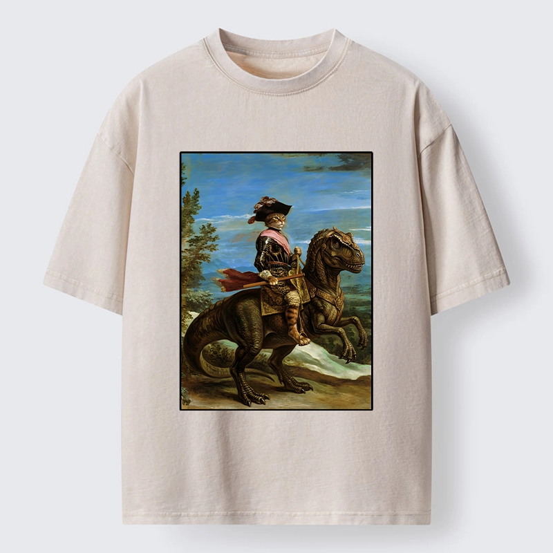 Tokyo-Tiger Fancy Cat Knight On Dinosaur Washed T-Shirt