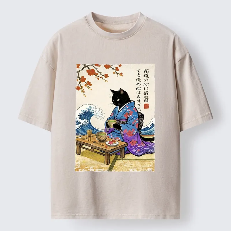 Tokyo-Tiger Black Cat Tea Ceremony Japan Washed T-Shirt