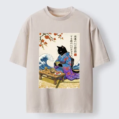 Tokyo-Tiger Black Cat Tea Ceremony Japan Washed T-Shirt