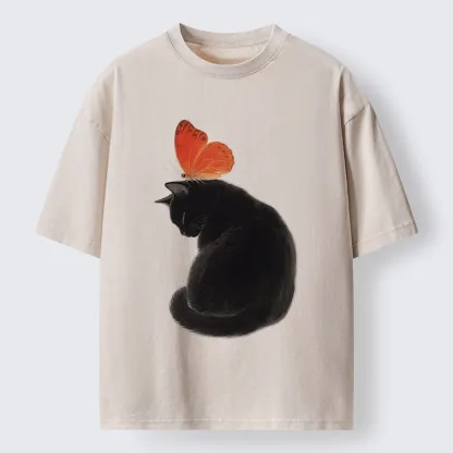 Tokyo-Tiger Black Cat With Orange Butterfly Washed T-Shirt