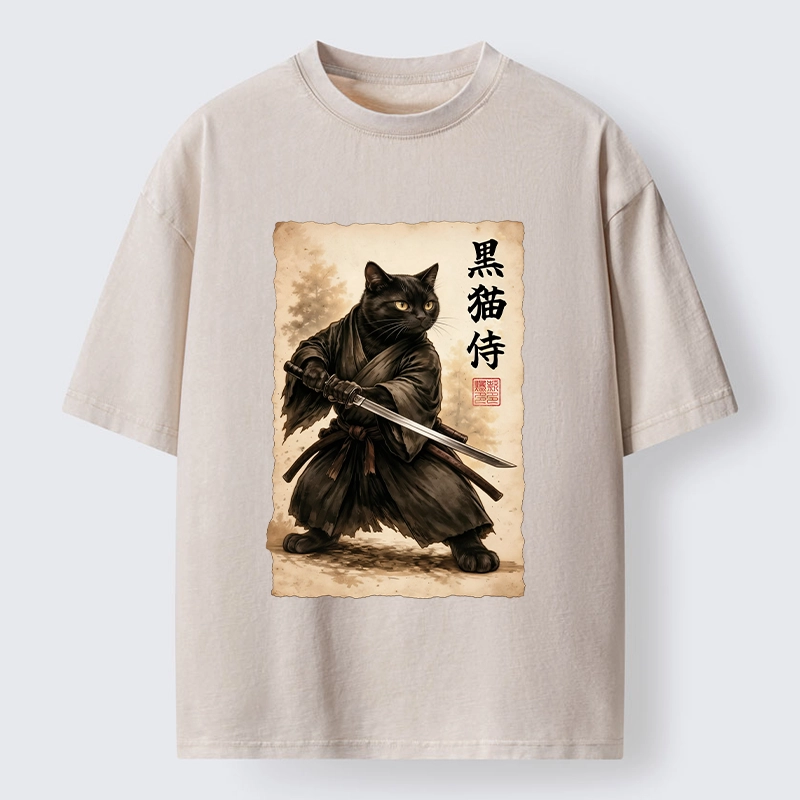Tokyo-Tiger Black Cat Samurai Warrior Art Washed T-Shirt