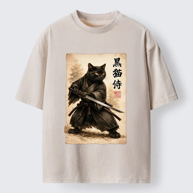 Tokyo-Tiger Black Cat Samurai Warrior Art Washed T-Shirt