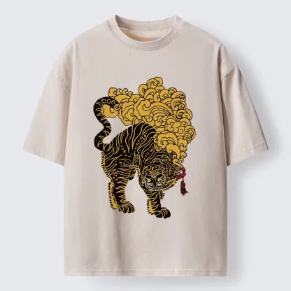 Tokyo-Tiger Black And Gold Tiger With Clouds Washed T-Shirt