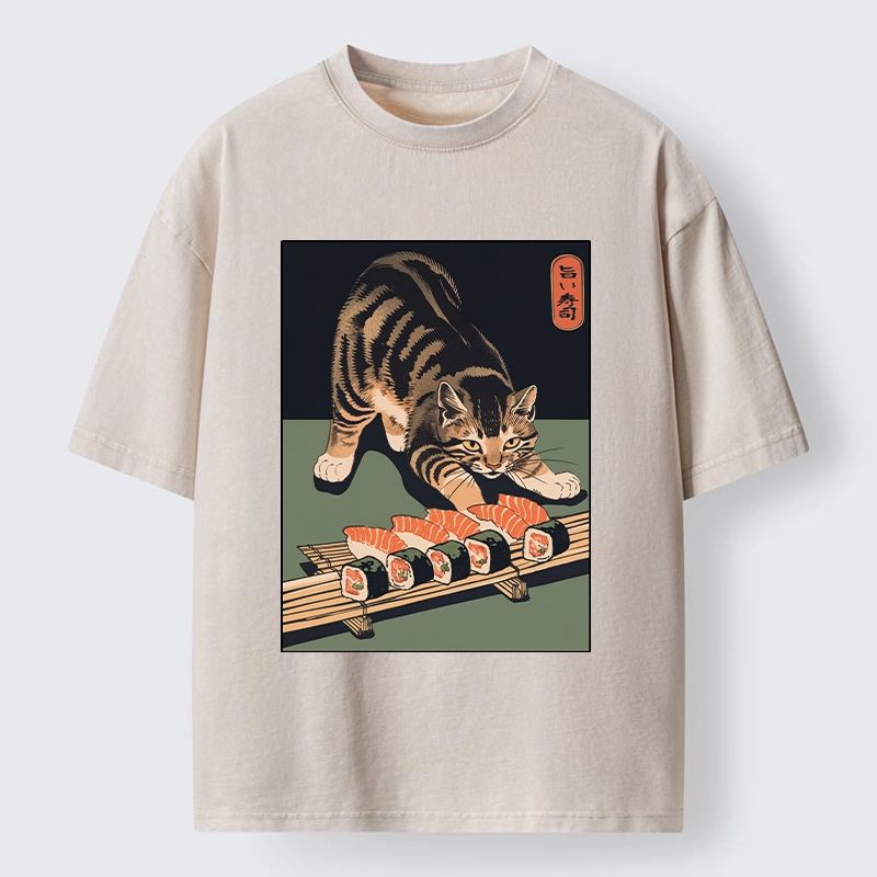 Tokyo-Tiger Cat Trying To Steal Sushi Washed T-Shirt