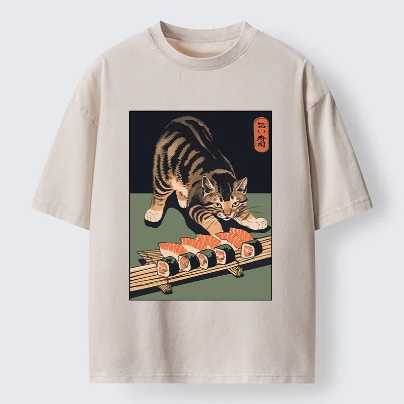 Tokyo-Tiger Cat Trying To Steal Sushi Washed T-Shirt Sale