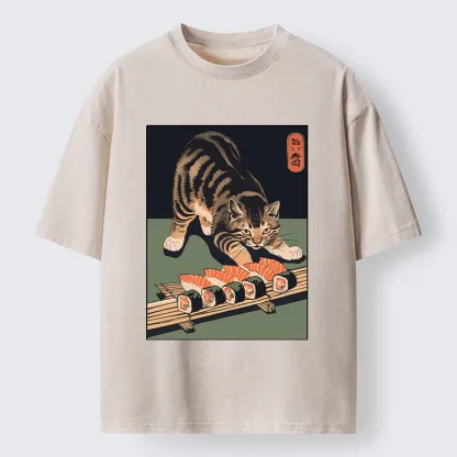 Tokyo-Tiger Cat Trying To Steal Sushi Washed T-Shirt