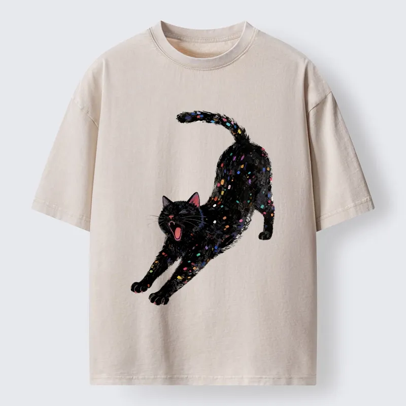 Tokyo-Tiger Dreamy Black Cat Yawning And Stretching Washed T-Shirt