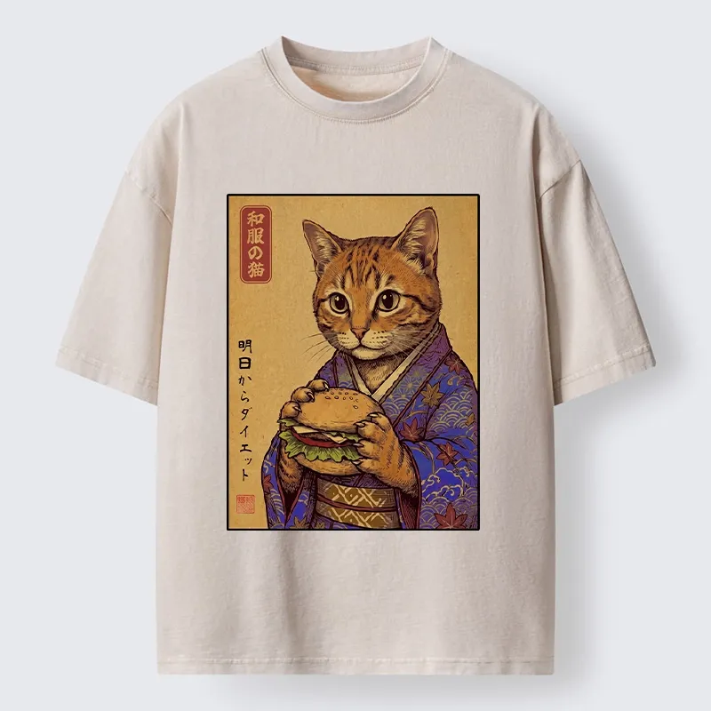 Tokyo-Tiger Kimono Cat Eating A Burger Washed T-Shirt