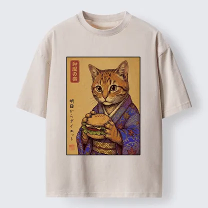 Tokyo-Tiger Kimono Cat Eating A Burger Washed T-Shirt