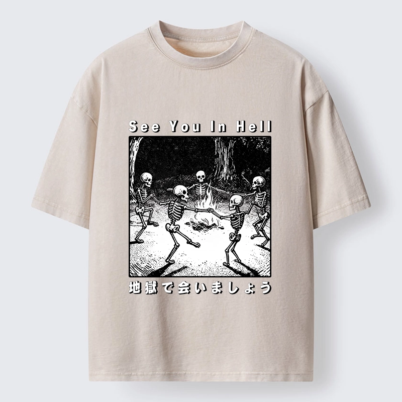 Tokyo-Tiger Funny Skeleton Hell Party Washed T-Shirt