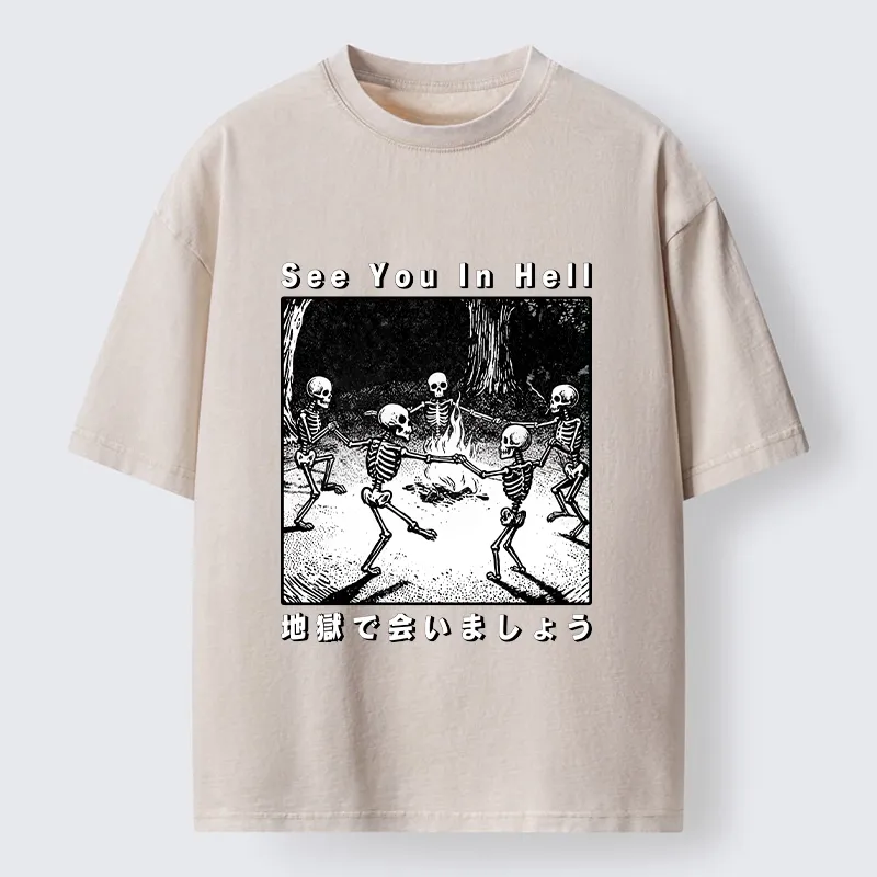 Tokyo-Tiger Funny Skeleton Hell Party Washed T-Shirt