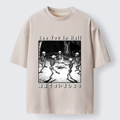 Tokyo-Tiger Funny Skeleton Hell Party Washed T-Shirt