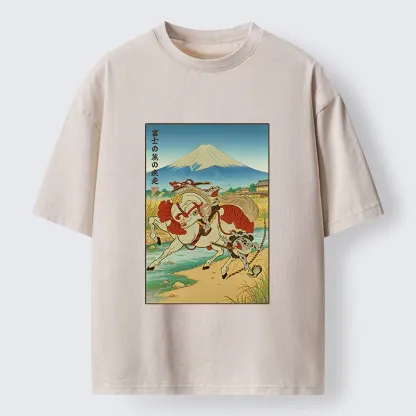 Tokyo-Tiger Samurai Frog Under Mount Fuji Washed T-Shirt