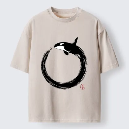Tokyo-Tiger Orca In Black Ink Circle Washed T-Shirt