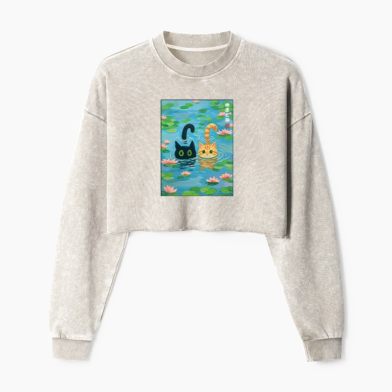 Tokyo-Tiger Cats In The Lotus Pond Washed Crop Sweatshirt