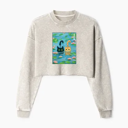 Tokyo-Tiger Cats In The Lotus Pond Washed Crop Sweatshirt