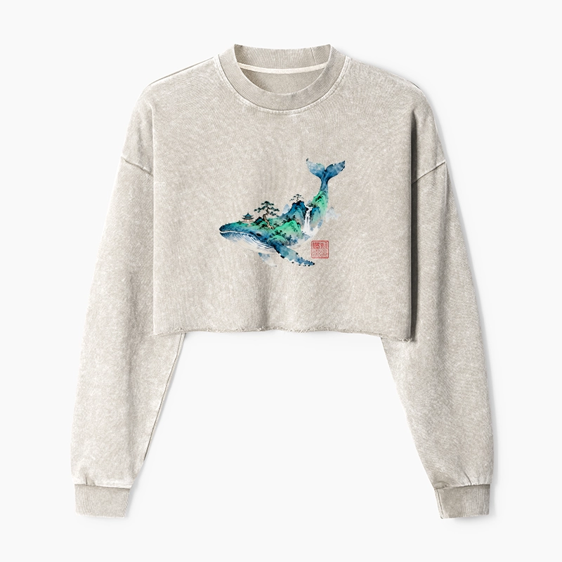 Tokyo-Tiger Whale Ink Painting Landscape Washed Crop Sweatshirt