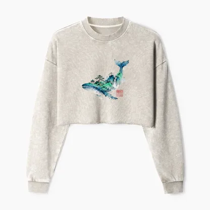 Tokyo-Tiger Whale Ink Painting Landscape Washed Crop Sweatshirt