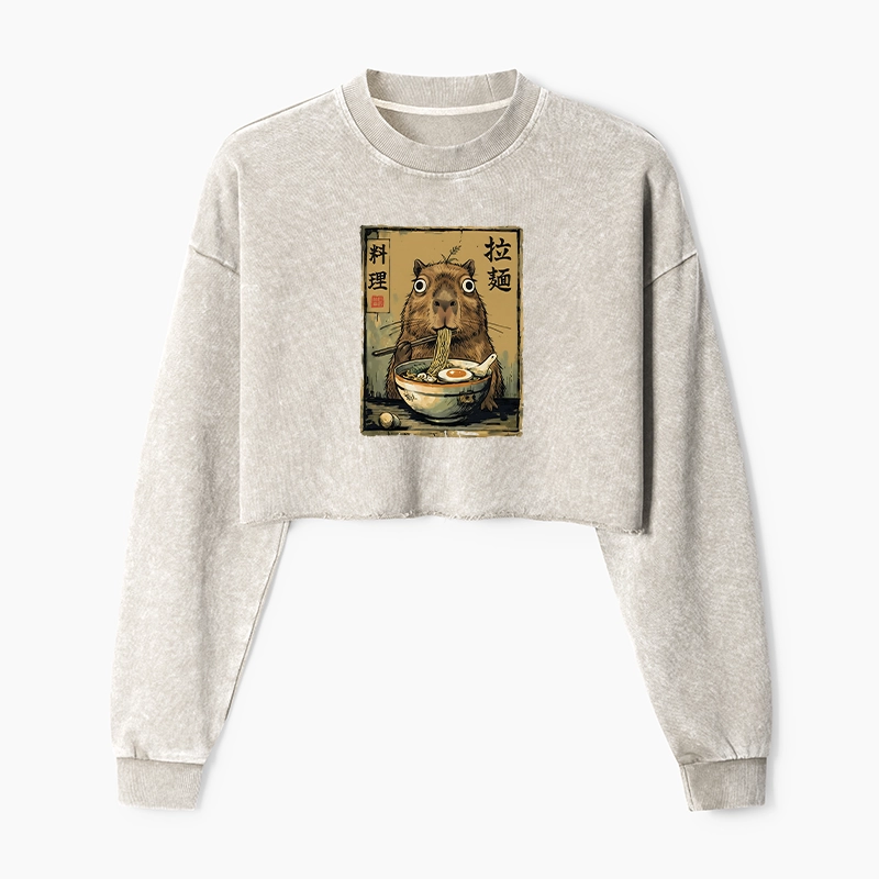 Tokyo-Tiger Cute Capybara Eating Ramen Washed Crop Sweatshirt