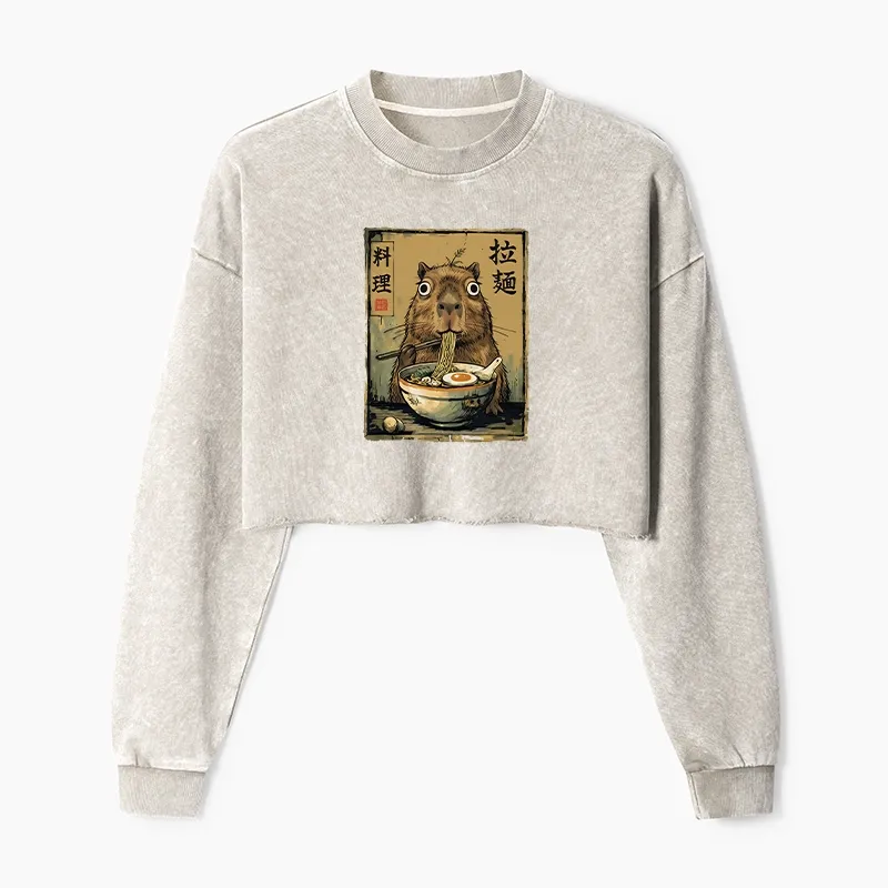 Tokyo-Tiger Cute Capybara Eating Ramen Washed Crop Sweatshirt