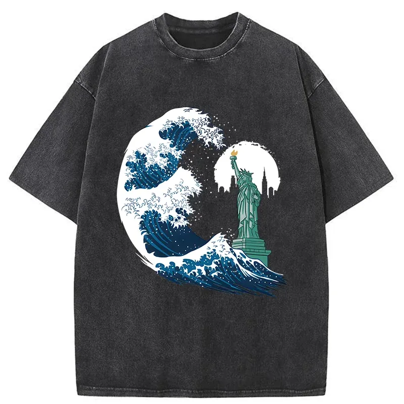 Tokyo-Tiger Waves And The Statue Of Liberty Washed T-Shirt