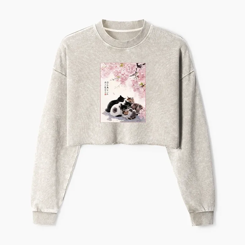 Tokyo-Tiger Cute Cats Sakura Garden Washed Crop Sweatshirt