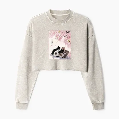 Tokyo-Tiger Cute Cats Sakura Garden Washed Crop Sweatshirt