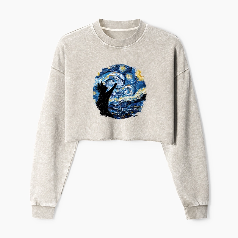 Tokyo-Tiger Starry Night Black Cat Washed Crop Sweatshirt