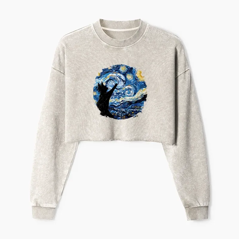Tokyo-Tiger Starry Night Black Cat Washed Crop Sweatshirt