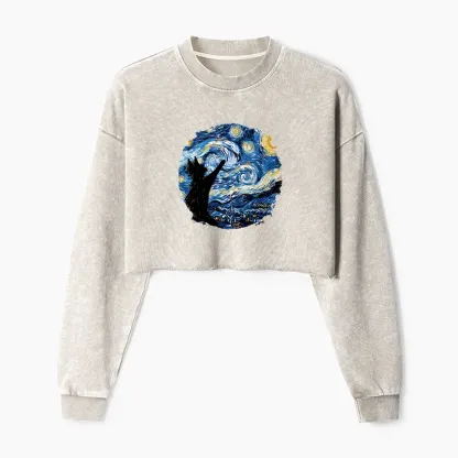 Tokyo-Tiger Starry Night Black Cat Washed Crop Sweatshirt